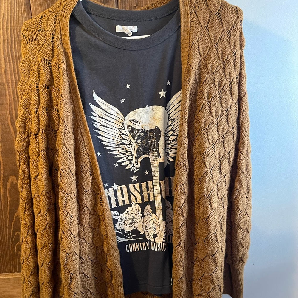 Maurices Tan Open-Front Cardigan and tshirt